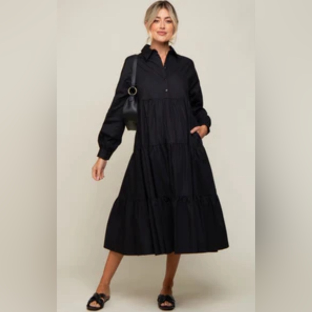 Black Tiered Button Down Midi Dress